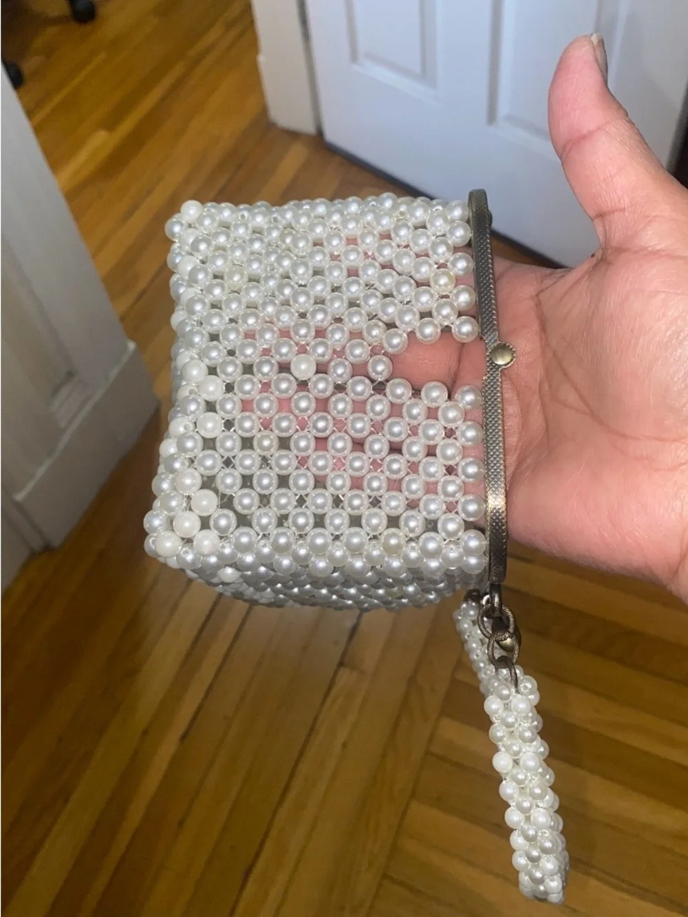 Pearl Beaded Ivory Evening Clutch with Top Handle